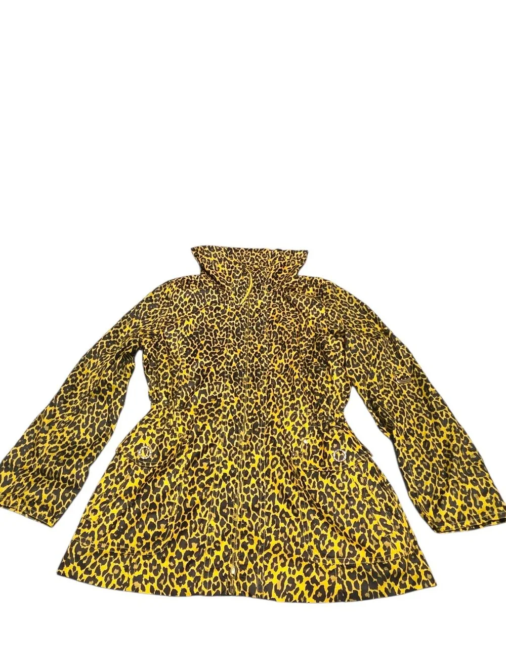 Yellow Leopard Print Drawstring Waist & Neck Windbreaker Rhinestone Detail OS